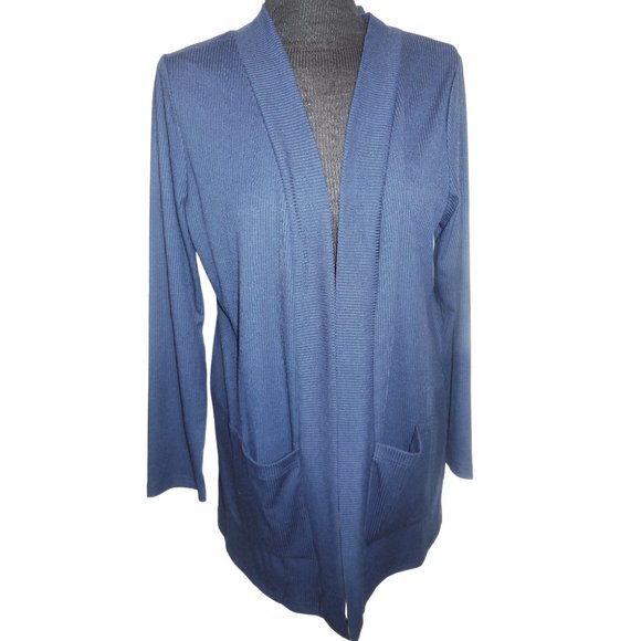 Cardigan NEW 1X,2X,3X ROSIO Blue Lightweight knit duster pockets long sleeve - Picture 2 of 7